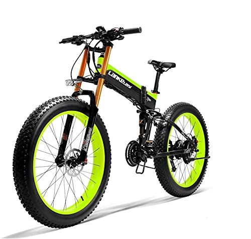 Folding Electric Mountain Bike : LANKELEISI Adult Electric Bicycle, 48V 14.5AH 1000W 750PLUS All-round Electric Bicycle, 26" 4.0 Fat Tire Mountain Folding Electric Bicycle, with Anti-theft Device (green, 1000W+A battery)