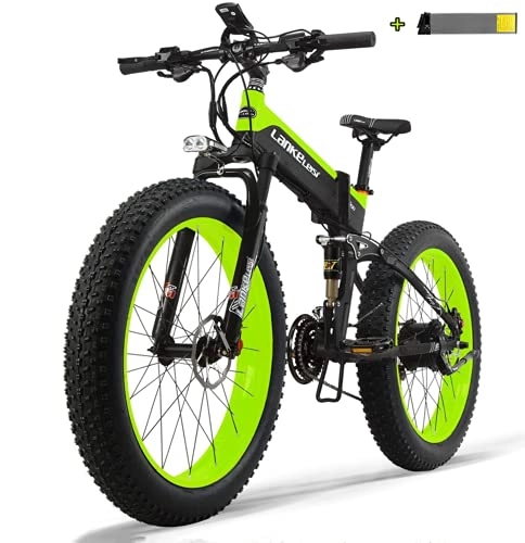 Folding Electric Mountain Bike : LANKELEISI Adult Electric Bicycle, 48V 14.5AH 1000W XT750PLUS Multi-function Electric Bicycle, 26" 4.0 Fat Tires, 5-speed Assisted Mountain Folding Electric Bicycle (green+A battery)