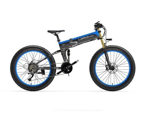 Folding Electric Mountain Bike : LANKELEISI Adult Electric Bike, 48V 14.5AH 1000W 750PLUS All-round Electric Bicycle, 26" 4.0 Fat Tire Mountain Folding Electric Bicycle, with Anti-theft Device (Blue, No spare battery)