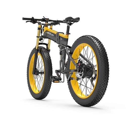 Folding Electric Mountain Bike : LANKELEISI Adult Electric Bike, 48V 14.5AH 1000W 750PLUS All-round Electric Bicycle, 26" 4.0 Fat Tire Mountain Folding Electric Bicycle, with Anti-theft Device (Yellow, No spare battery)
