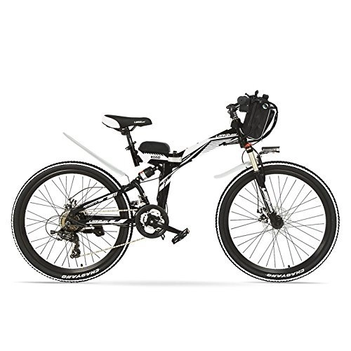 Folding Electric Mountain Bike : LANKELEISI K660 26 Inches Strong Powerful E Bike, 48V 12AH 240W Motor, Full Suspension High-carbon Steel Frame, Folding Electric Bicycle, Disc Brake. (Black White, 240W + 1 Spared Battery)