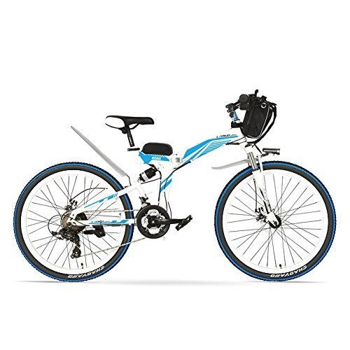 Folding Electric Mountain Bike : LANKELEISI K660 26 Inches Strong Powerful E Bike, 48V 12AH 500W Motor, Full Suspension High-carbon Steel Frame, Folding Electric Bicycle, Disc Brake. (White Blue, 500W + 1 Spared Battery)