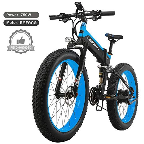 Folding Electric Mountain Bike : LANKELEISI T750plus 26'' Folding Electric Fat Bike Snow Bike, Bafang 750W Motor, Top Brand Lithium Battery, Optimized Operating System (Blue A, 10.4Ah)