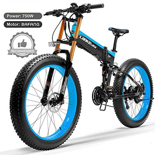 Folding Electric Mountain Bike : LANKELEISI T750plus 26'' Folding Electric Fat Bike Snow Bike, Bafang 750W Motor, Top Brand Lithium Battery, Optimized Operating System (Blue B, 14.5Ah)