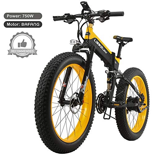 Folding Electric Mountain Bike : LANKELEISI T750plus 26'' Folding Electric Fat Bike Snow Bike, Bafang 750W Motor, Top Brand Lithium Battery, Optimized Operating System (Yellow A, 10.4Ah)