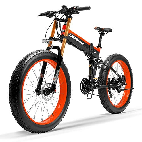 Folding Electric Mountain Bike : LANKELEISI T750Plus New Electric Mountain Bike 5-Level Pedal Assist Sensor, Powerful Motor, 48V 14.5Ah Li-ion Battery Upgraded to Downhill Fork Snow Bike (Black Red, 1000W + 1 Spare Battery)
