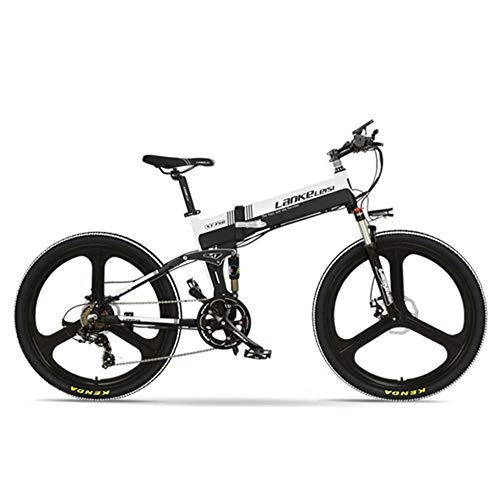 Folding Electric Mountain Bike : LANKELEISI XT750-E 26 Inch Folding Electric Bike, Front & Rear Disc Brake, 48V 400W Motor, Long Endurance, with LCD Display, Pedal Assist Bicycle (Black White, 14.5Ah + 1 Spare Battery)