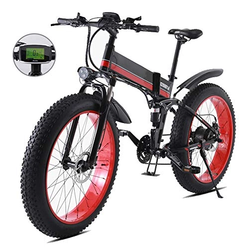 Folding Electric Mountain Bike : LAYZYX 1000W Electric Bike, 48V Mens Mountain E bike 21 Speeds 26 inch Fat Tire Road Bicycle Snow Bike Pedals with Hydraulic Disc Brakes and Front Suspension Fork, Removable Lithium Battery, Red1000W