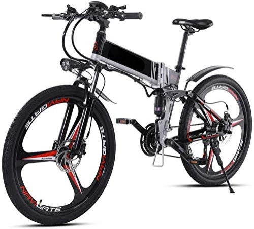 Folding Electric Mountain Bike : Leifeng Tower High-speed Folding Electric Bikes for Adults 350W Aluminum Alloy Mountain E-Bikes with 48V10ah Lithium Battery and GPS, Double Disc Brake 21 Speed Bicycle Max 40Km / H (Color : Black)