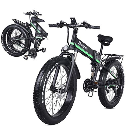 Folding Electric Mountain Bike : LINLIM 1000W Electric Bicycle, Folding Mountain Bike, Fat Tire Ebike, 48V 12.8AH, 21 Speed Beach Cruiser Mountain E-bike with Rear Seat B