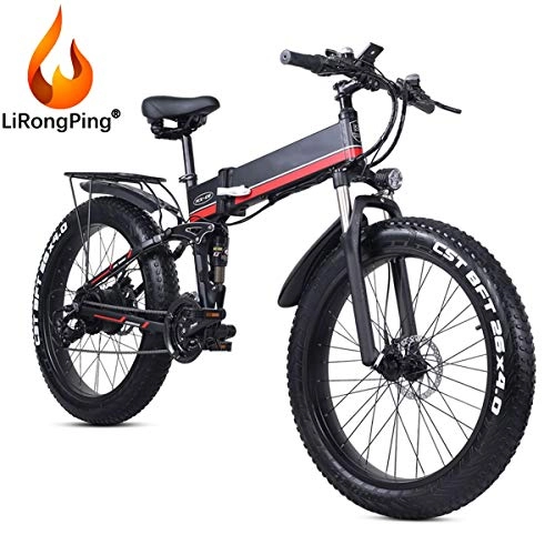 Folding Electric Mountain Bike : LiRongPing 48V 1000W Electric Bicycle Folding E-Bike, 26inch 4.0 Fat Tire Electric Mountain Bike, 21 Speeds, 12.8AH Removable Lithium Battery, 1000W Hub Motor (Color : Red)