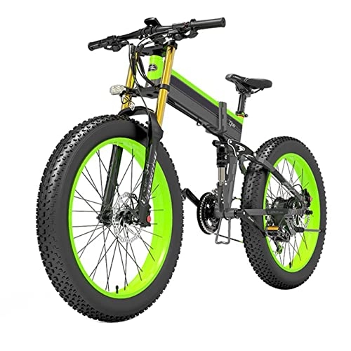Folding Electric Mountain Bike : Liu Folding Electric Bike for Adults 1000w 26 Inches 4.0 Fat Tire, 40 km / h Electric Mountain Bicycle, with Removable 48v14.5ah Battery, Professional 27 Speed Gears (Color : Green, Size : 14.5AH)
