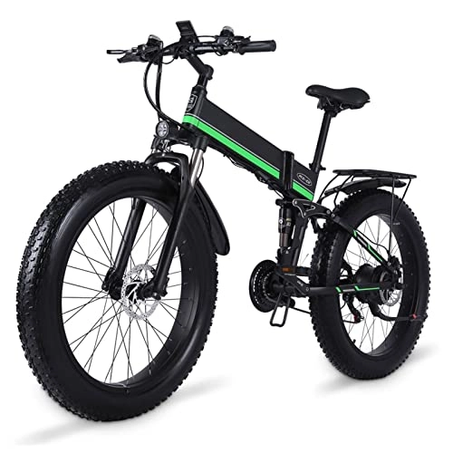 Folding Electric Mountain Bike : LIUD 1000W electric bikes Folding Electric Bike for Adults 25 Mph E Bikes 26 Inch Fat Tire Electric Bicycle 48V 12.8Ah Lithium Battery Foldable E Bike (Color : Green)