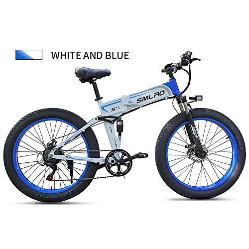 Folding Electric Mountain Bike : LOO LA 26inch Fat Tire e-Bike folding mountain bike, 48v 8ah 350w Removable Lithium-Ion Battery, 7 Speeds Beach Cruiser Sports Mountain Bikes Full Suspension, Blue
