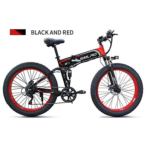 Folding Electric Mountain Bike : LOO LA 26inch Fat Tire e-Bike folding mountain bike, 48v 8ah 350w Removable Lithium-Ion Battery, 7 Speeds Beach Cruiser Sports Mountain Bikes Full Suspension, Red