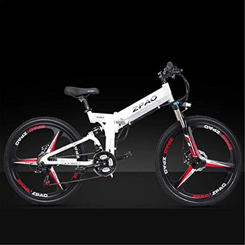 Folding Electric Mountain Bike : LUO 21 Speed Folding Electric Bicycle, 48V 10.4Ah Lithium Battery, 350W 26 inch Mountain Bike, 5 Level Pedal Assist, Suspension Fork, White