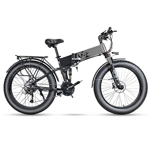 Folding Electric Mountain Bike : LWL Electric Bikes for Adults Folding Electric Bikes for Adults 1000W 48V Electric Bicycle 26 * 4.0 inch Fat Tire Full Suspension Off-Road Foldable E Bike (Color : Black Gray, Number of speeds : 27)