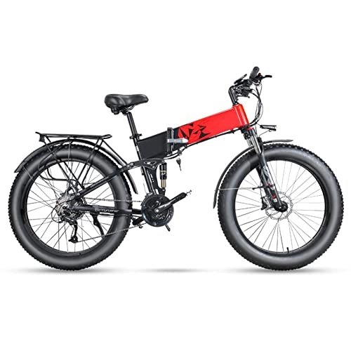 Folding Electric Mountain Bike : LWL Electric Bikes for Adults Folding Electric Bikes for Adults 1000W 48V Electric Bicycle 26 * 4.0 inch Fat Tire Full Suspension Off-Road Foldable E Bike (Color : Black Red, Number of speeds : 27)