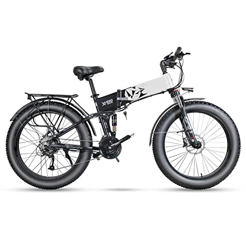 Folding Electric Mountain Bike : LWL Electric Bikes for Adults Folding Electric Bikes for Adults 1000W 48V Electric Bicycle 26 * 4.0 inch Fat Tire Full Suspension Off-Road Foldable E Bike (Color : Black White, Number of speeds : 27)
