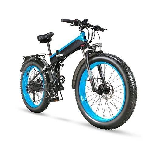 Folding Electric Mountain Bike : LWL Folding Electric Bikes for Adults 26 Inch Fat Tire 27 Speed Mountain Ebike 1000W Electric Bicycle with 48V 12.8ah Removable Battery (Color : Black blue)