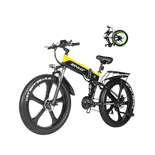 Folding Electric Mountain Bike : LZMXMYS electric bike, Electric Mountain Bike 26 Inches 1000W 48V 12.8ah Folding Fat Tire Snow Bike E-bike Pedal Assist Lithium Battery Hydraulic Disc Brakes For Adult (Color : Yellow)