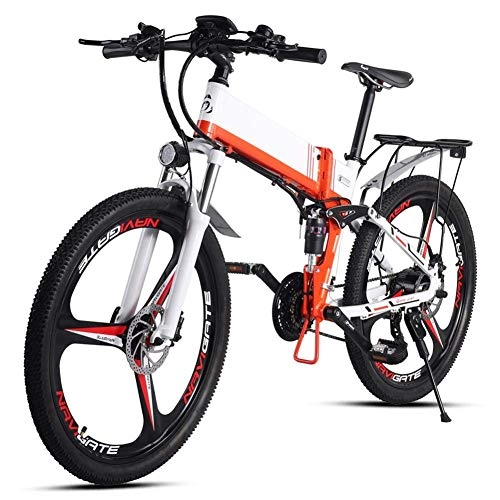 Folding Electric Mountain Bike : LZMXMYS electric bikeFolding Electric Bikes for Adults 350W Aluminum Alloy Mountain E-Bikes with 48V10ah Lithium Battery and GPS, Double Disc Brake 21 Speed Bicycle Max 40Km / H (Color : White)