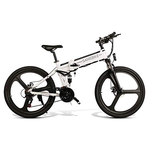 Folding Electric Mountain Bike : Mikonca 26" Folding Electric Bike E-bike Aluminum Alloy 10.4AH 350W City Bicycle, 4-bar Full Suspension System, Shimano 21-speed, 35KM / H, 499WH, Max 80KM Distance-White
