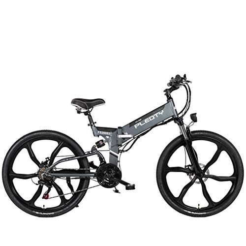 Folding Electric Mountain Bike : MJL Beach Snow Bicycle, Foldable Adult Mountain Bike, 48V 10Ah, 480W Aluminum Alloy Bicycle, 21 Speed, 26 inch Magnesium Alloy Integrated Wheels, Black, Grey