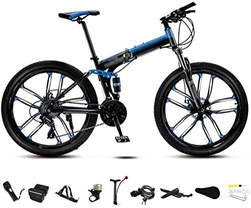 Folding Electric Mountain Bike : MQJ 24 inch MTB Bicycle Unisex Folding Commuter Bike 30-Speed Gears Foldable Mountain Bike Off-Road Variable Speed Bikes for Men and Women Double Disc Brake / Blue-Blue, 21 Speed