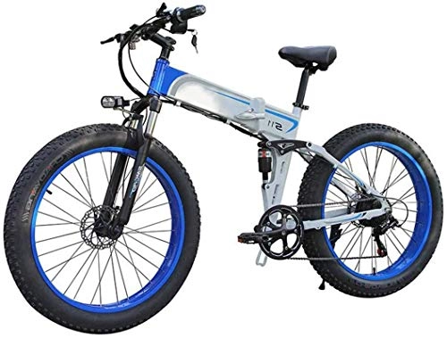 Folding Electric Mountain Bike : MQJ Ebikes Electric Folding Bike Fat Tire 26", City Mountain Bicycle, Assisted E-Bike Lightweight with 350W Motor, 7 Speed Shifter Accelerator, with LCD Screen, Blue, 1