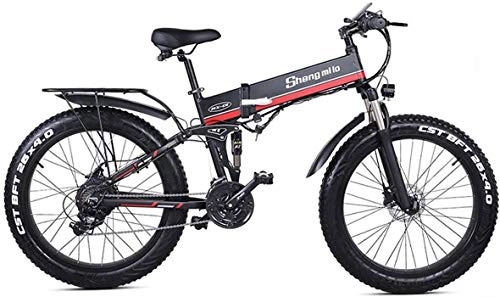 Folding Electric Mountain Bike : MX01 1000W Strong Electric Snow Bike, 5-grade Pedal Assist Sensor, 21 Speed Fat Bike, 48V Extra Large Battery E Bike (Color : Red, Size : 1000W 14.5Ah) plm46 (Color : Red)