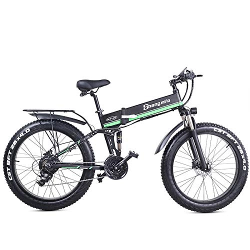 Folding Electric Mountain Bike : MX01 26 Inch Folding bicycle 4.0 Fat Tire Beach Bike 48V Mens Mountain Bike Snow Bike Dual Disc Brake (12.8Ah, Black Green)