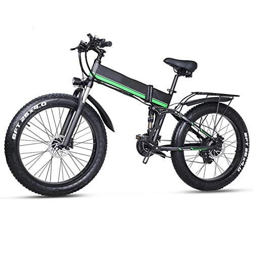 Folding Electric Mountain Bike : NYPB Electric Bike Foldable, Electric Beach Bike 26inch*4.0 Fat Tire 1000W Motor with Seat and Electronic Horn LCD Display Screen 36V 12.8AH Removable Charging Lithium Battery, Green