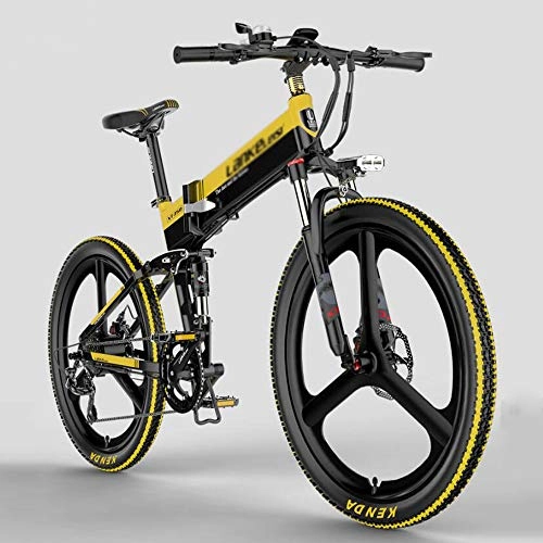 Folding Electric Mountain Bike : ONLYU 26 Inch Electric Bike, Folding Pedal Assist E-Mountainbike, 400W Motor 48V 10.4Ah Hidden Lithium Battery, 100KM Long Endurance, LCD Display, Speed 25~35Km / H, black yellow