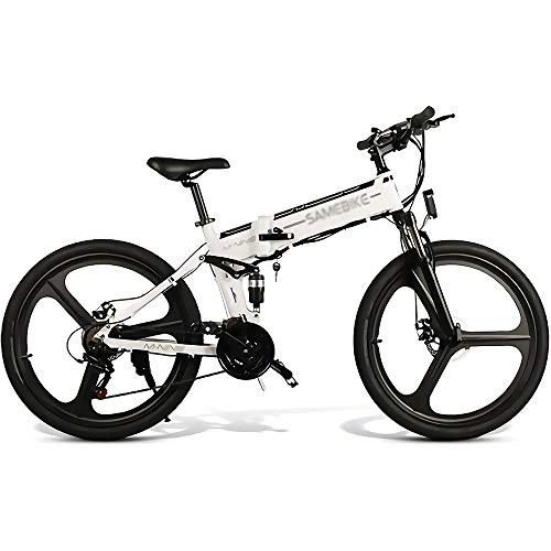 Folding Electric Mountain Bike : ONLYU Electric Bicycle for Adult, 26Inch Folding Mountain Bike 48V 10Ah Lithium Battery LCD Meter USB Charging Port 21 Shift Speed Max Speed 35KM / H, White