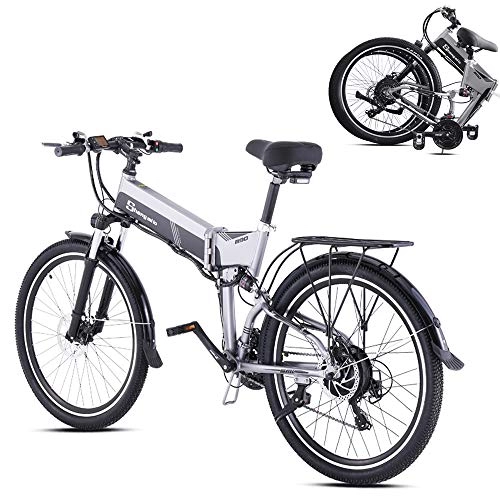 Folding Electric Mountain Bike : ONLYU Electric Bike, 26 Inch Folding E-Bike Snowmobile 21 Speed Electric Beach Mountain Bicycle 48V10.4AH Removable Invisible Battery with Lock, Max Speed 40Km / H, Gray