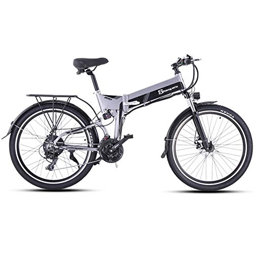 Folding Electric Mountain Bike : ONLYU Electric Bike for Adults, 26 Inch Folding E-Bike Snowmobile 21 Speed Electric Beach Bicycle Mountain Bike 48V10.4AH Removable Invisible Battery with Lock, Load 230KG, Gray