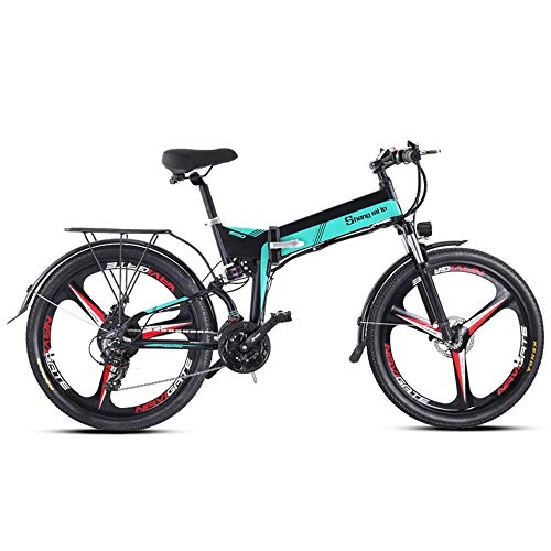Folding Electric Mountain Bike : ONLYU Folding Electric Bicycle, 26 Inch 500W Motor E-Bike Snowmobile 21 Speed Electric Beach Mountain Bicycle 48V10.4AH Removable Battery with Lock, Max Speed 40Km / H, Blue, integrated wheel