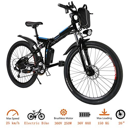 Folding Electric Mountain Bike : Oppikle 26'' Electric Mountain Bike with Removable Large Capacity Lithium-Ion Battery (36V 250W), Electric Bike 21 Speed Gear and Three Working Modes (Black)