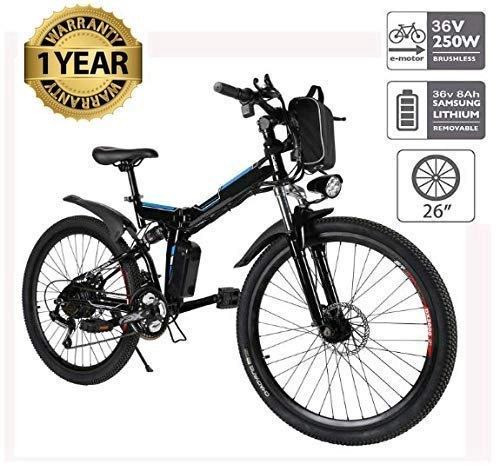 Folding Electric Mountain Bike : Oppikle 26'' Electric Mountain Bike with Removable Large Capacity Lithium-Ion Battery (36V 250W), Electric Bike 21 Speed Gear and Three Working Modes (Black - Typ2)