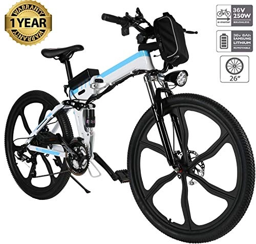 Folding Electric Mountain Bike : Oppikle 26'' Electric Mountain Bike with Removable Large Capacity Lithium-Ion Battery (36V 250W), Electric Bike 21 Speed Gear and Three Working Modes (Upgrade - 26" White)