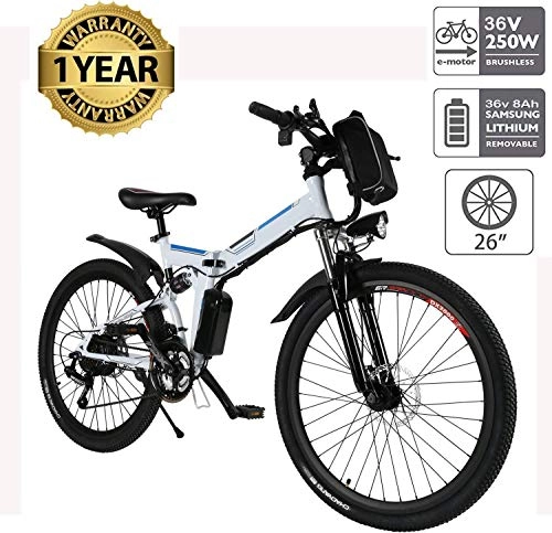 Folding Electric Mountain Bike : Oppikle 26'' Electric Mountain Bike with Removable Large Capacity Lithium-Ion Battery (36V 250W), Electric Bike 21 Speed Gear and Three Working Modes (White)