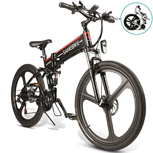 Folding Electric Mountain Bike : OUXI LO26 Electric Mountain Bike, Folding Electric Bike for Adults 10.4Ah 350W with Shimano 21 Speed LED Display 26inch Tire Suitable for Men Women City Commuting (Black)