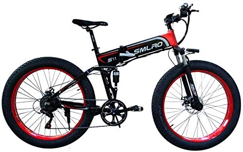 Folding Electric Mountain Bike : PARTAS Sightseeing / Commuting Tool - 36v 10Ah Lithium Battery Electric Bicycle Fat Tire Super Grip Mountain Electric Bicycle 26 Inch 350W High Power Bicycle (Color : Black red 36V10ah350W)