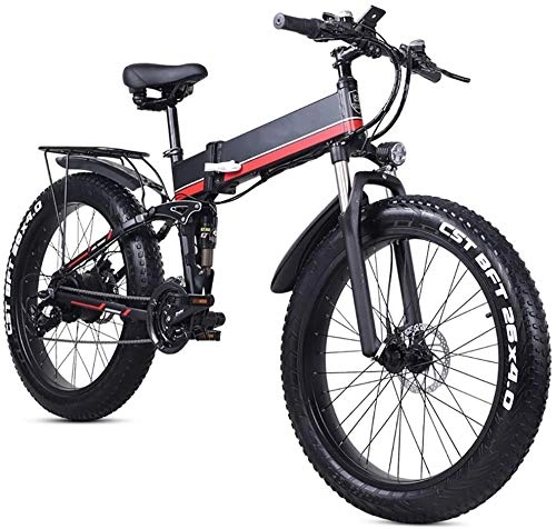 Folding Electric Mountain Bike : PARTAS Sightseeing / Commuting Tool - Adult Folding Electric Bike, 4.0 Oversized Tires 26 Inch 48V / 12.8AH / 1000W Off Road Mountain Bike Three Riding Modes Battery Bicycle (Color : Black)