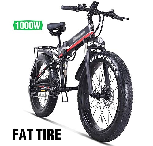 Folding Electric Mountain Bike : PHASFBJ 26'' Electric Mountain Bike, Electric Bicycle Fat Tire with Removable Large Capacity Lithium-Ion Battery 1000w 48v Electric Bike 21 Speed Gear and Three Working Modes, Red