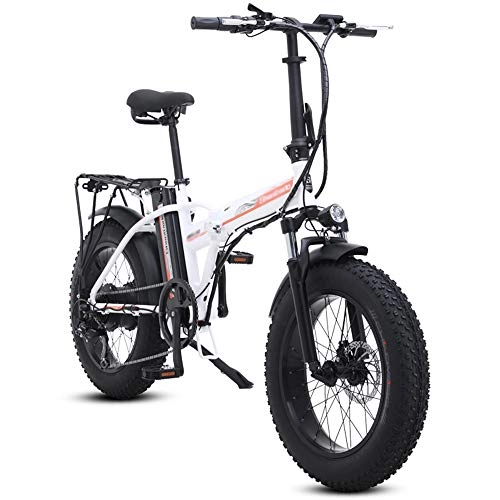 Folding Electric Mountain Bike : PHASFBJ 500W Electric Bike, Fat Tire Electric Bike Beach Cruiser Bike Booster Bicycle Folding Snow Ebike 48V Motorcycle Portable City Bicycle Max Speed 20 km / h, White