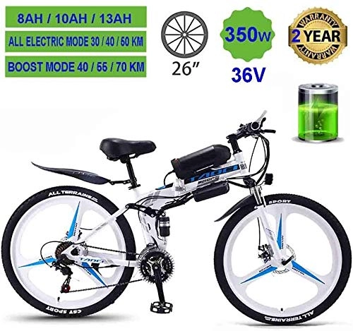 Folding Electric Mountain Bike : PLYY Electric Mountain Bikes For Adults, Foldable MTB Ebikes For Men Women Ladies, 360W 36V 8 / 10 / 13AH All Terrain 26" Mountain Bike / Commute Ebike (Color : White one wheel, Size : 13AH)