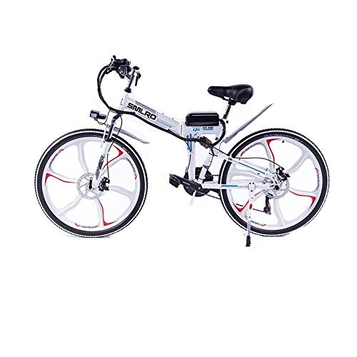 Folding Electric Mountain Bike : QDWRF Electric Mountain Bike Integrated wheel, 350W 26'' Electric Bicycle with Removable 36V 8AH / 10 / 15 AH Lithium-Ion Battery for Adults, 21 Speed Shifter White 48V10AH350W