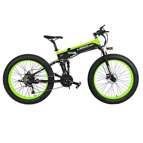 Folding Electric Mountain Bike : Qinmo 26-inch electric mountain bike removable large-capacity lithium ion battery (48V 500W), lithium battery, pedal assisted electric bicycle (Color : Black green)